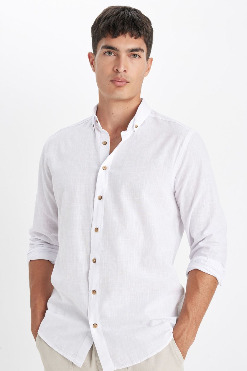 MAN White Modern Fit Polo Collar Long Sleeve Shirt