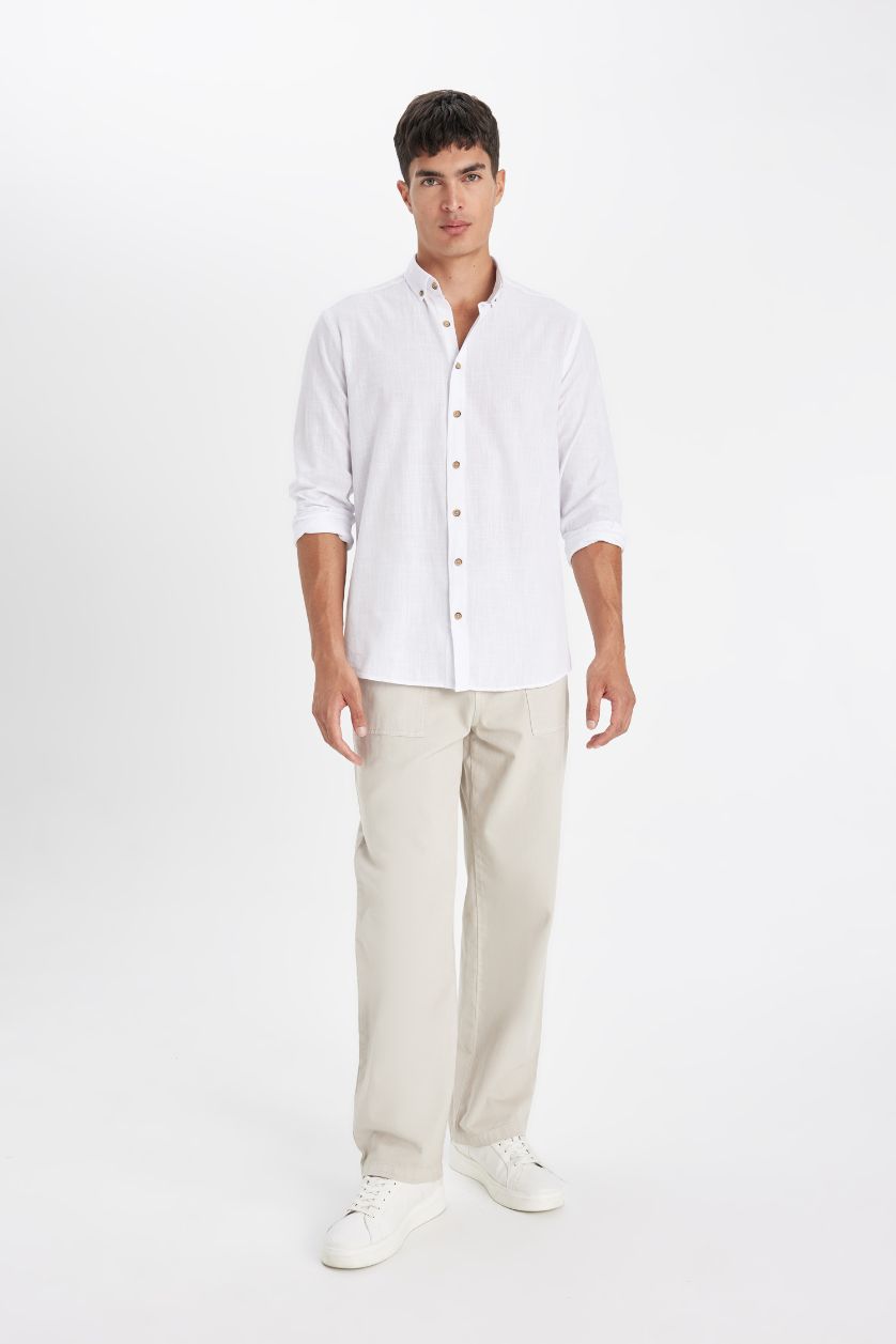 MAN White Modern Fit Polo Collar Long Sleeve Shirt