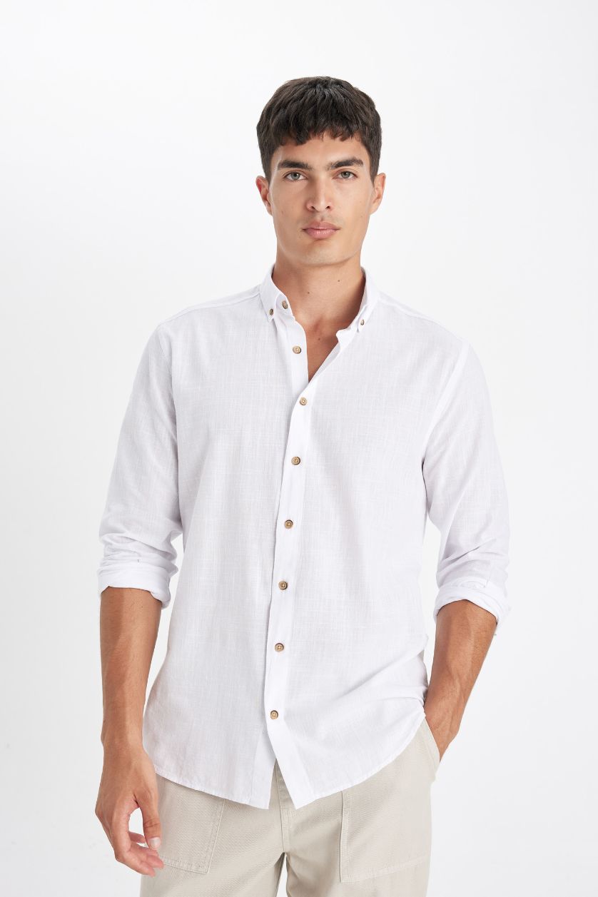 MAN White Modern Fit Polo Collar Long Sleeve Shirt