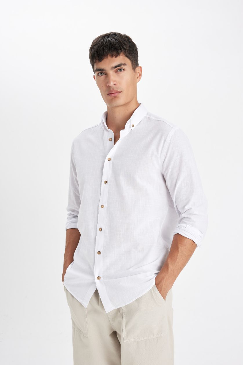 MAN White Modern Fit Polo Collar Long Sleeve Shirt