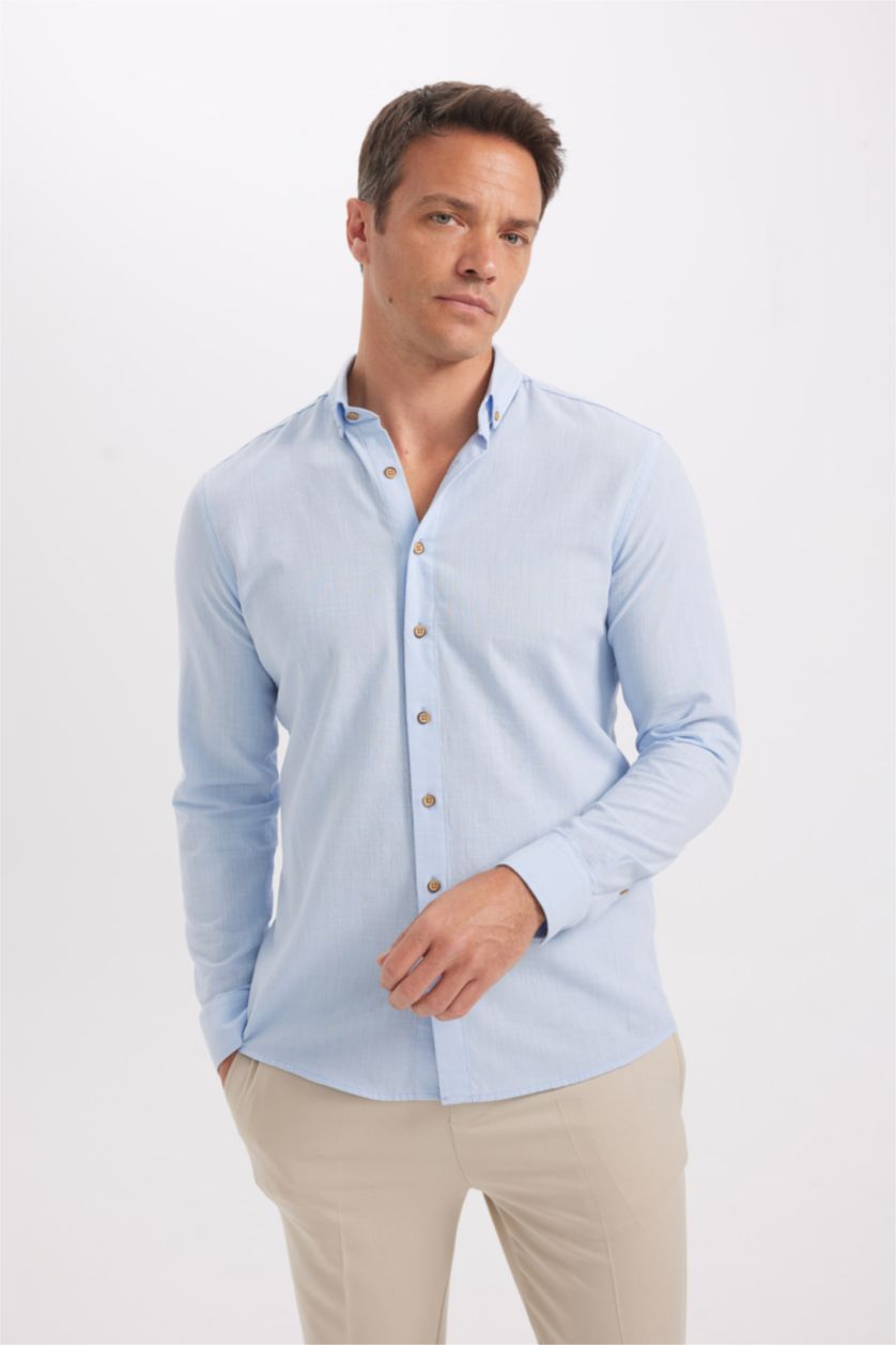 HOMME BLEU Clair Chemise en coton aspect lin Coupe modern fit