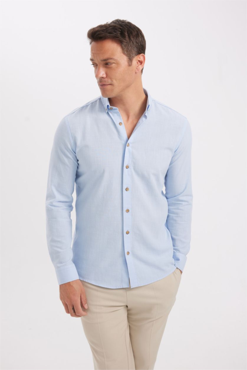 HOMME BLEU Clair Chemise en coton aspect lin Coupe modern fit