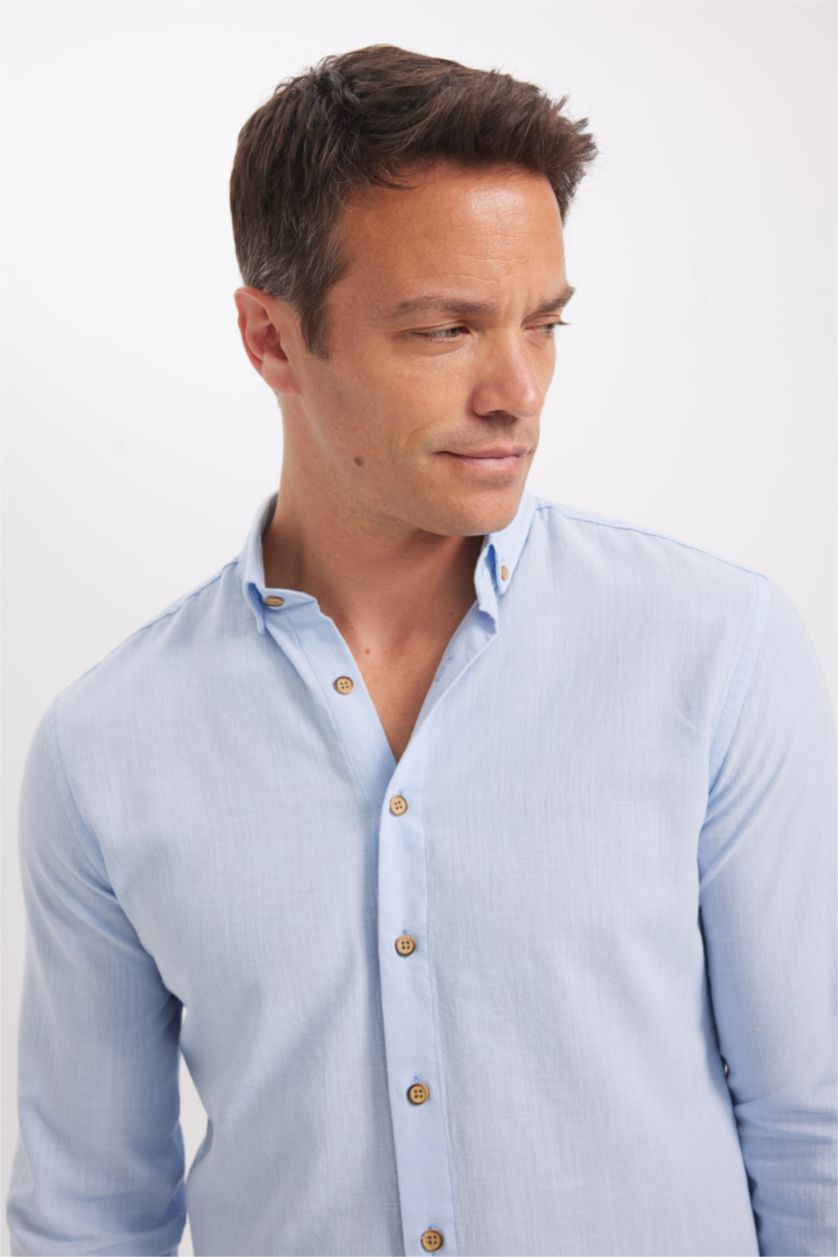 HOMME BLEU Clair Chemise en coton aspect lin Coupe modern fit
