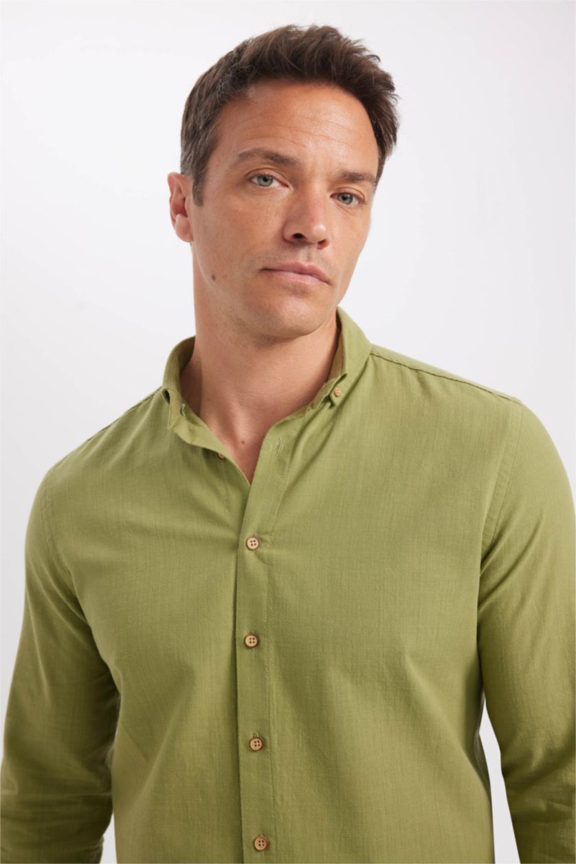 رجال أخضر قميص قطني بمظهر لين كم طويل قصة حديثة