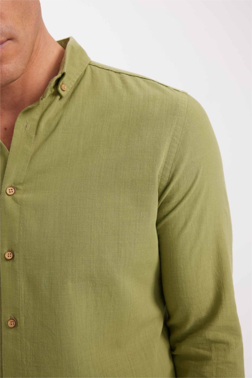 رجال أخضر قميص قطني بمظهر لين كم طويل قصة حديثة