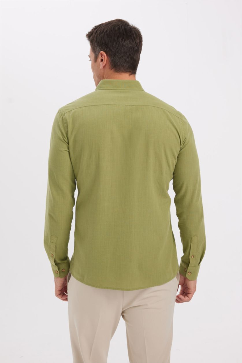 رجال أخضر قميص قطني بمظهر لين كم طويل قصة حديثة