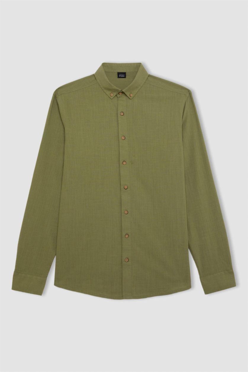 رجال أخضر قميص قطني بمظهر لين كم طويل قصة حديثة