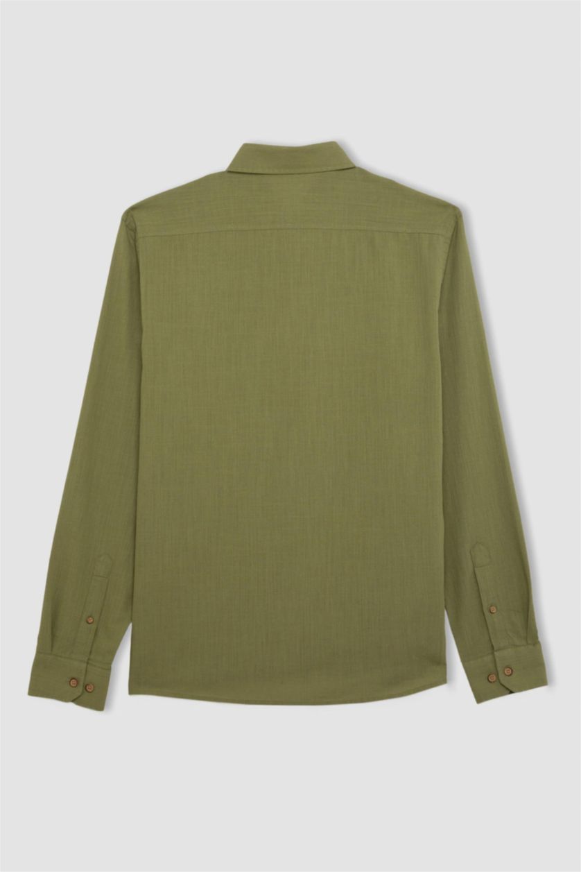 رجال أخضر قميص قطني بمظهر لين كم طويل قصة حديثة