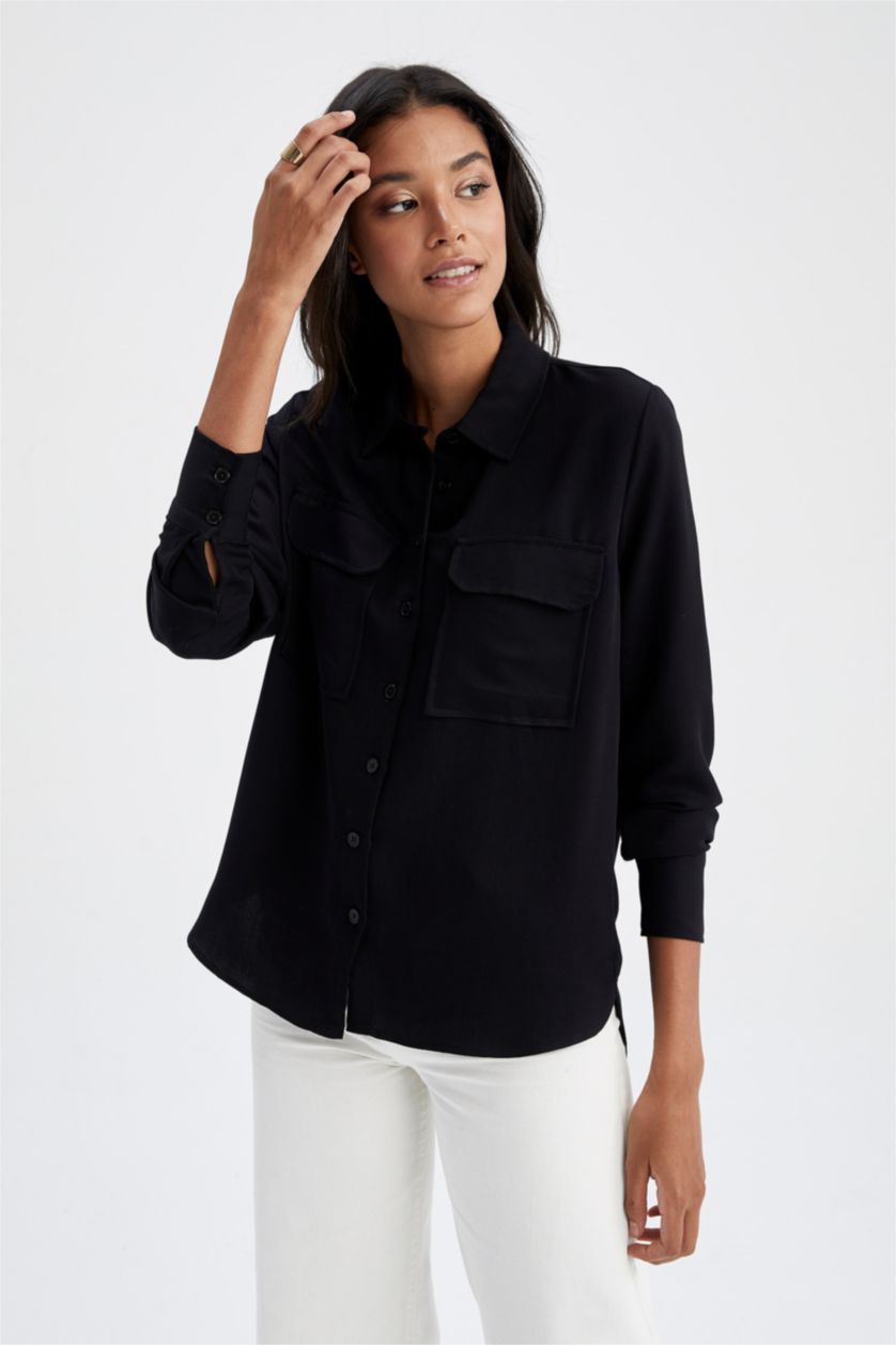 FEMME Noir Chemises à manches longues Viscone Col De Chemise Avec Poche