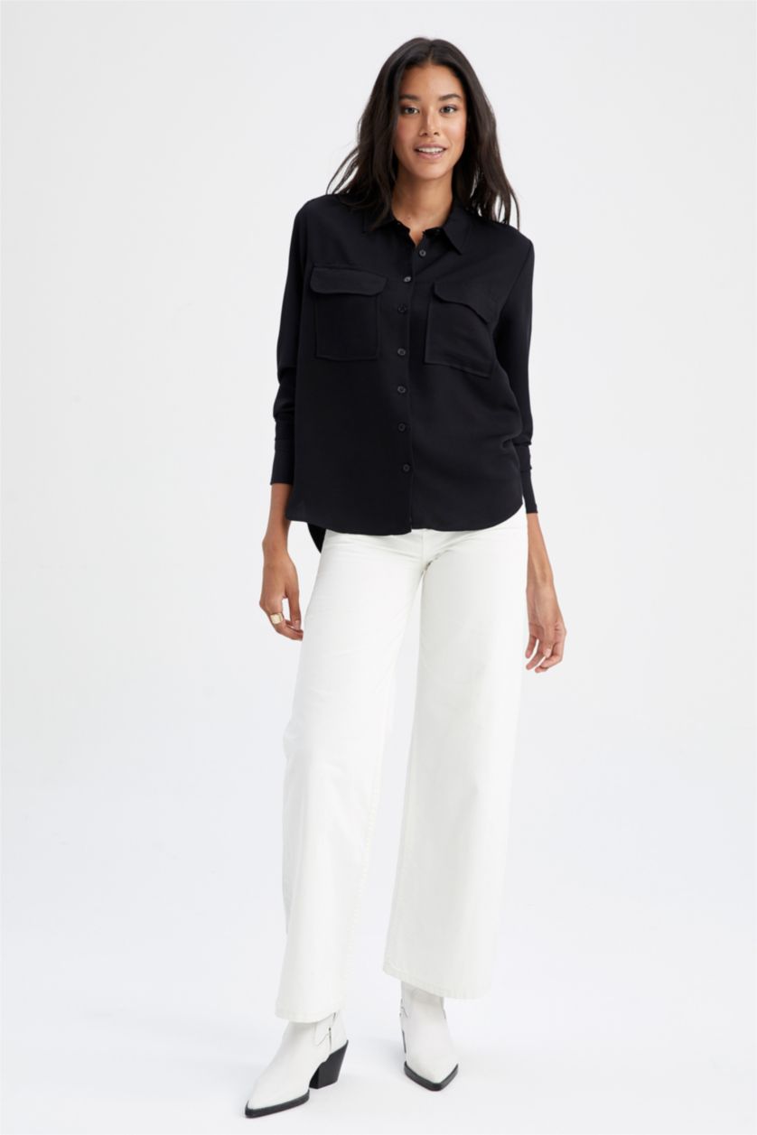 FEMME Noir Chemises à manches longues Viscone Col De Chemise Avec Poche