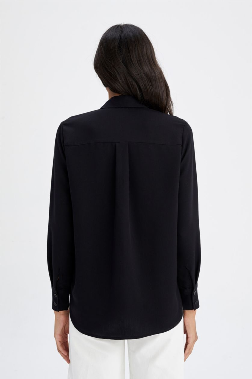 FEMME Noir Chemises à manches longues Viscone Col De Chemise Avec Poche