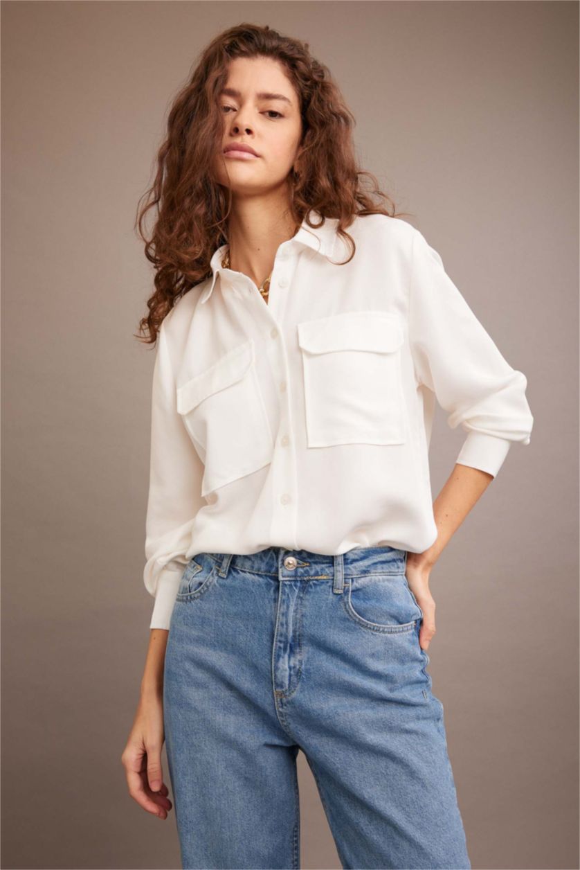 نساء بيج فاتح قميص فيسكون بجيب بقصة عادية واكمام طويلة