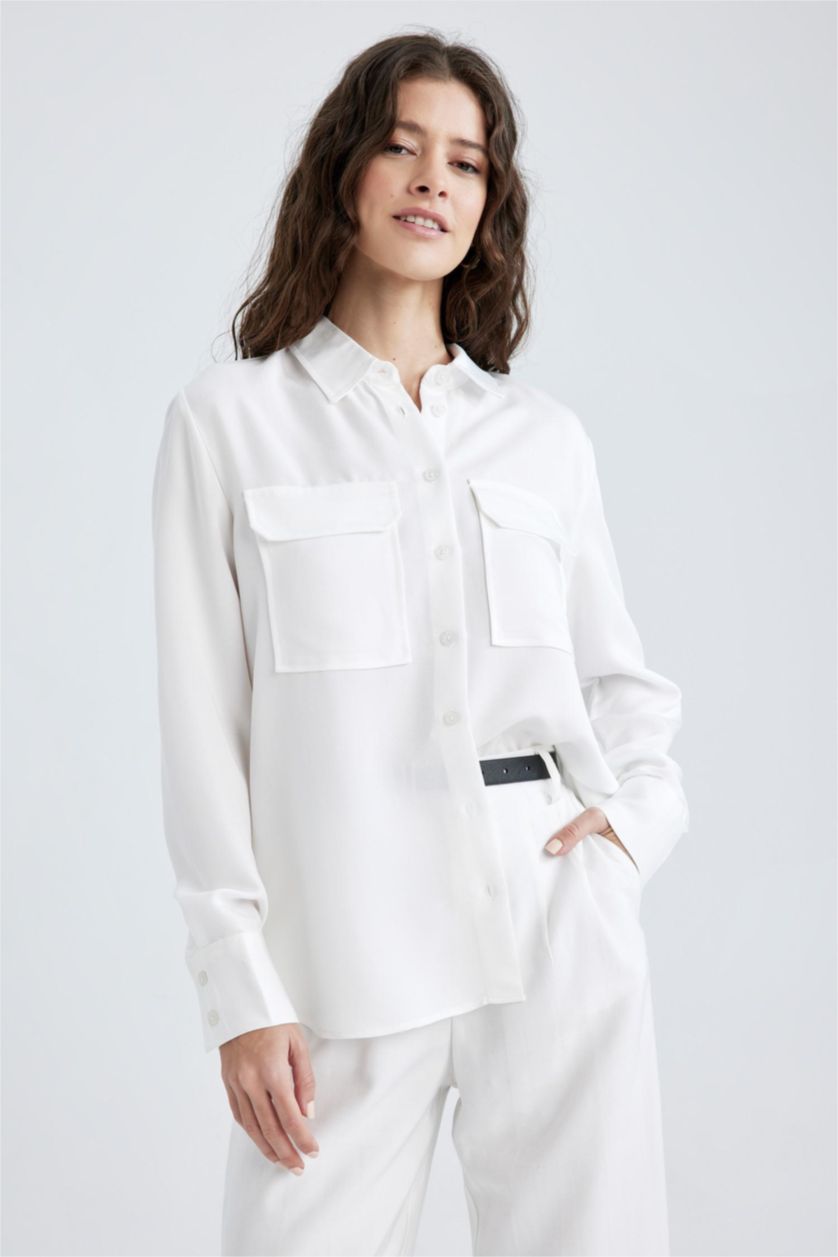 نساء بيج فاتح قميص فيسكون بجيب بقصة عادية واكمام طويلة