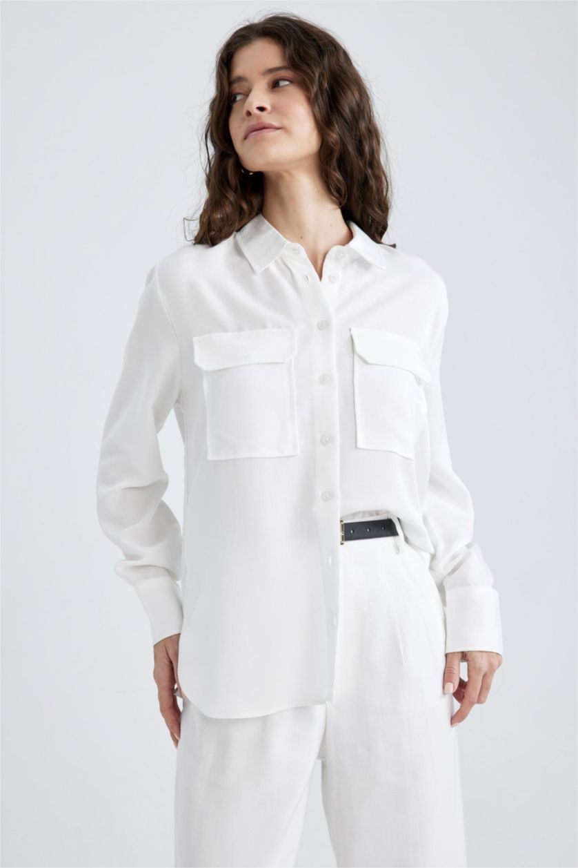 نساء بيج فاتح قميص فيسكون بجيب بقصة عادية واكمام طويلة