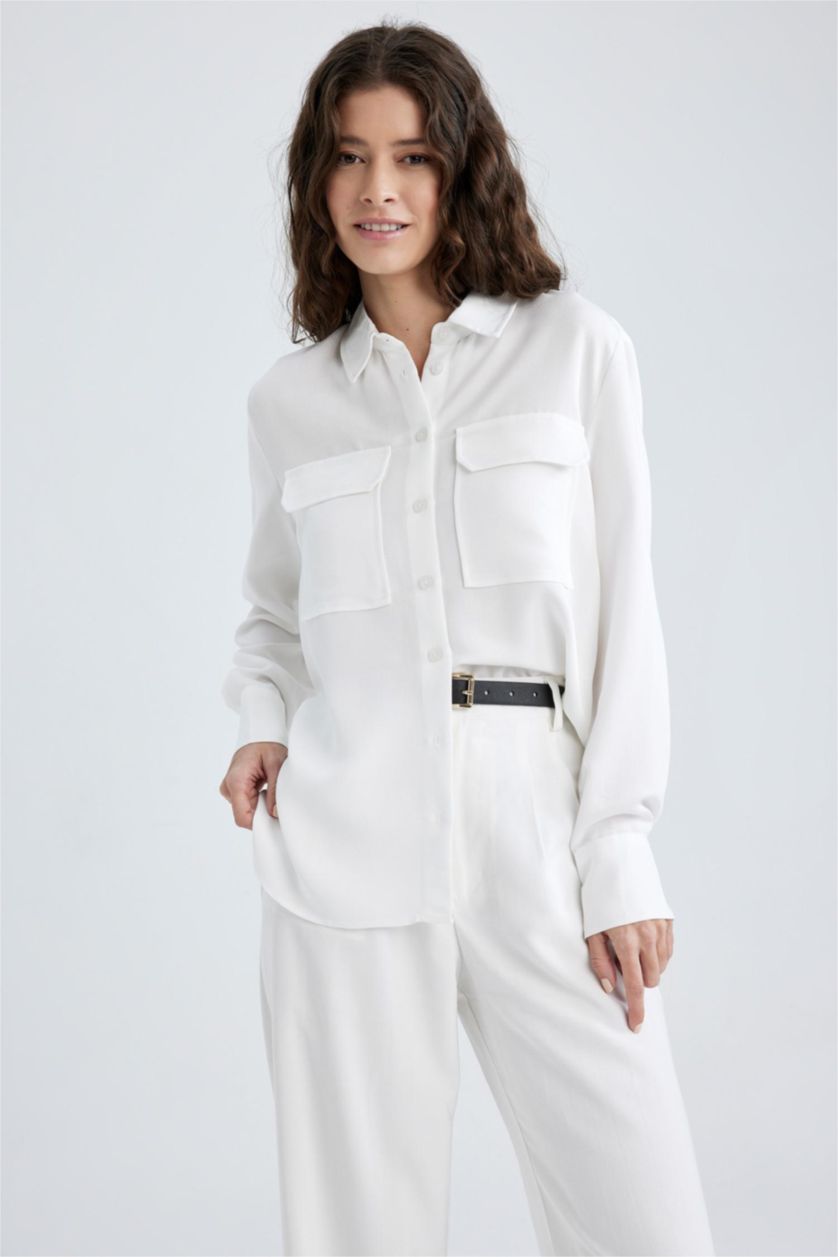 نساء بيج فاتح قميص فيسكون بجيب بقصة عادية واكمام طويلة