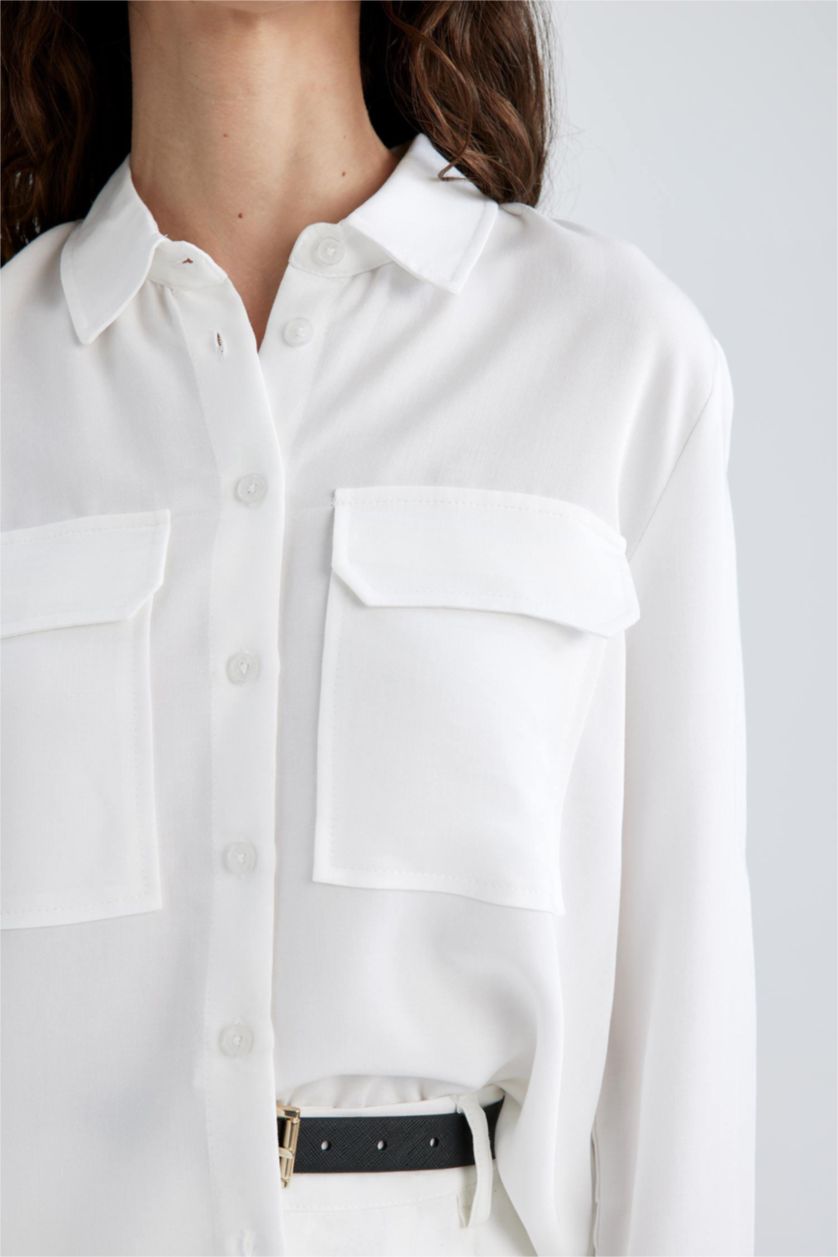 نساء بيج فاتح قميص فيسكون بجيب بقصة عادية واكمام طويلة