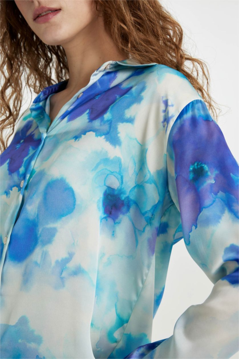 Kadın Ekru Oversize Geniş Kalıp Desenli Saten Uzun Kollu Gömlek