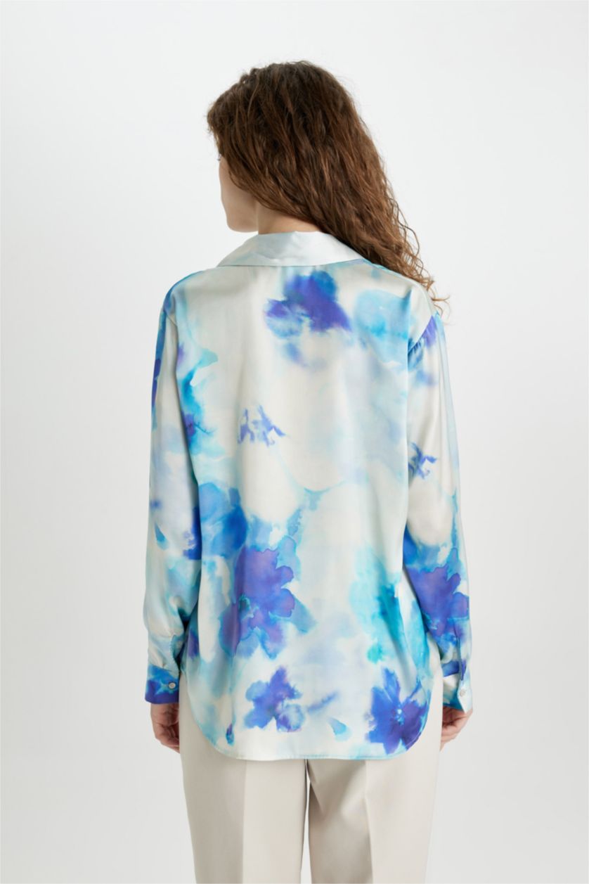 Kadın Ekru Oversize Geniş Kalıp Desenli Saten Uzun Kollu Gömlek