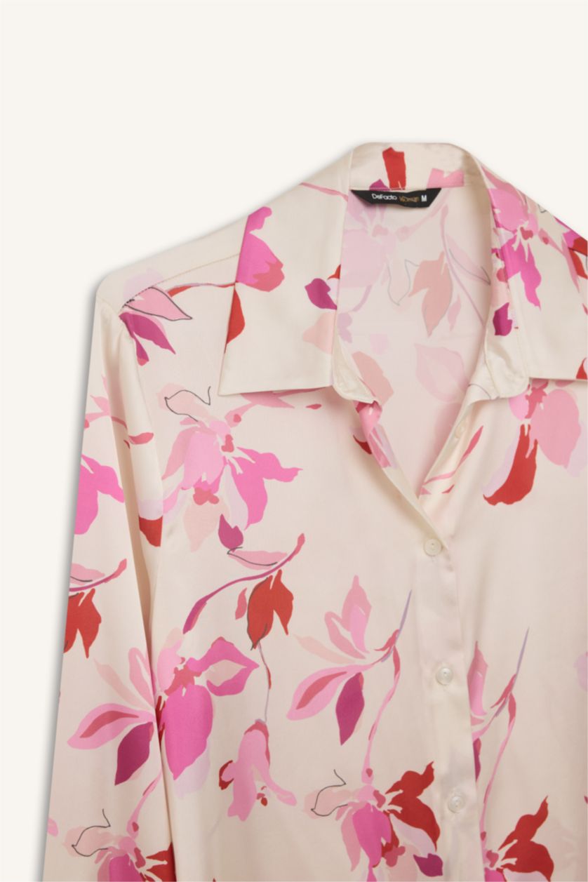 Kadın Ekru Oversize Geniş Kalıp Desenli Saten Uzun Kollu Gömlek