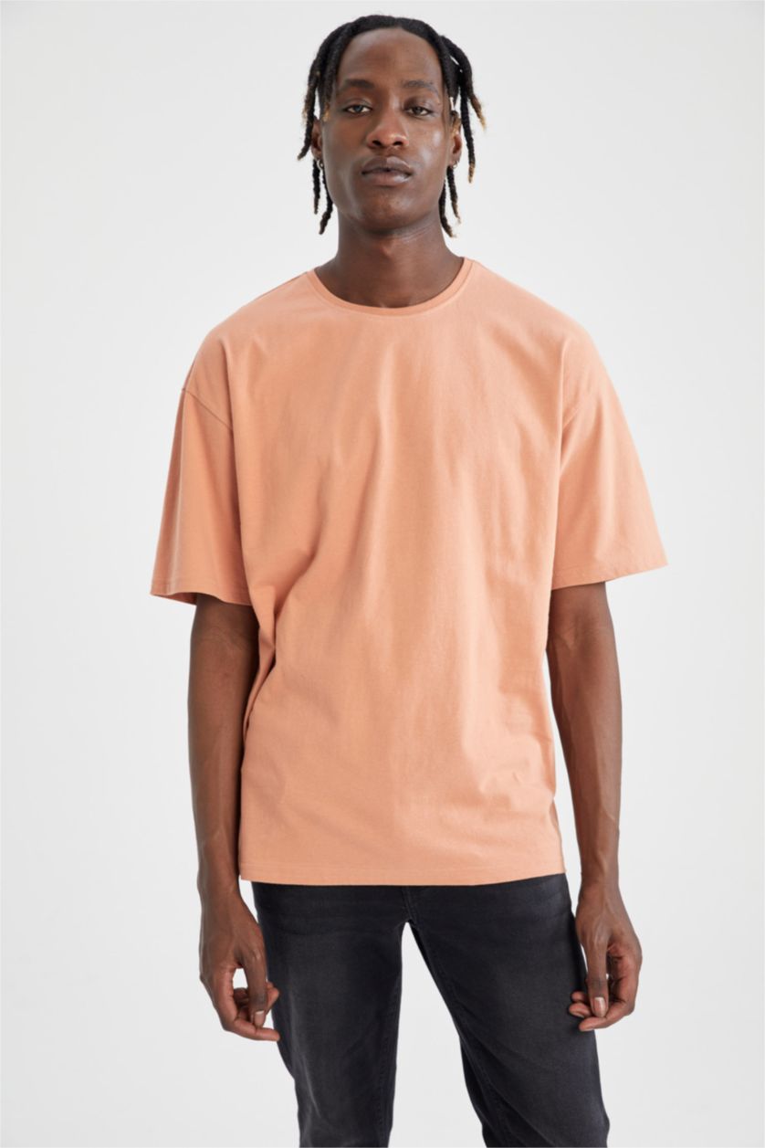 Erkek Gülkurusu Oversize Geniş Kalıp Bisiklet Yaka Basic Düz Kısa Kollu %100 Pamuk Tişört