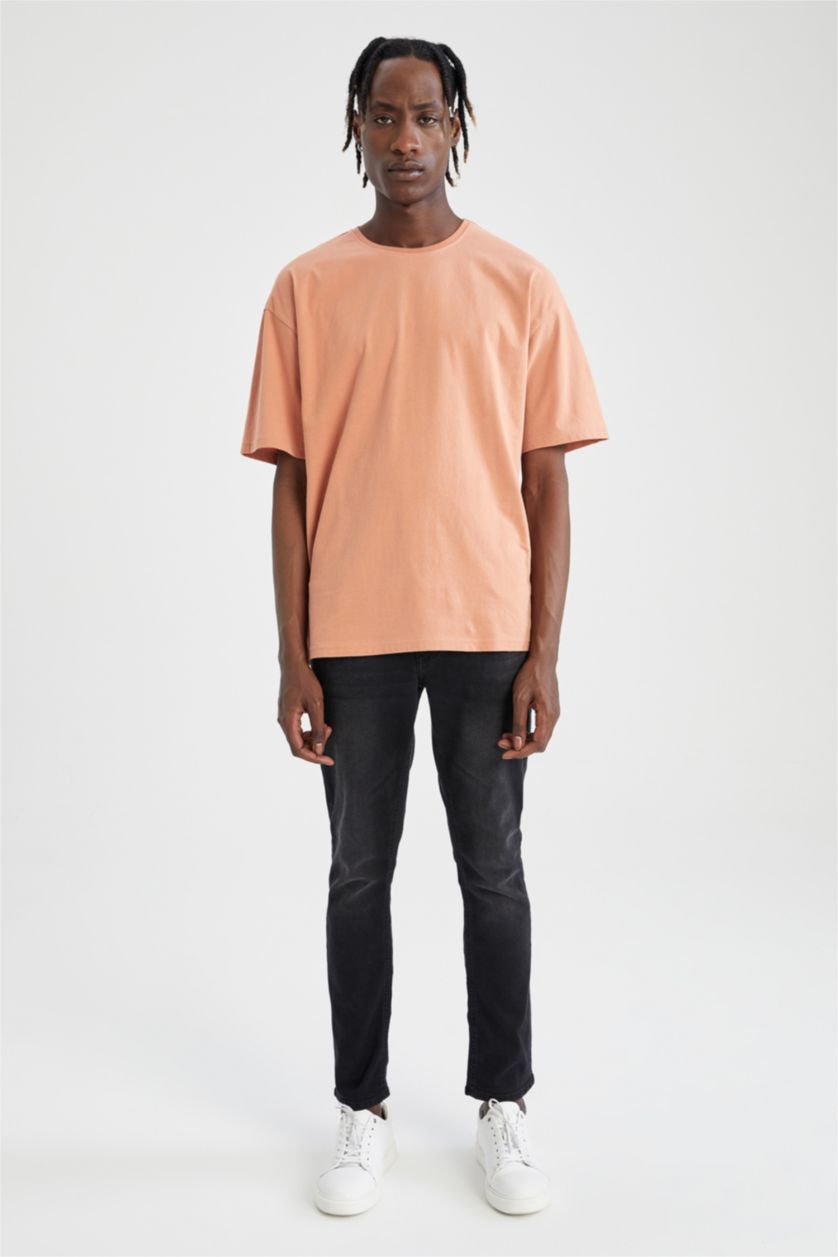 Erkek Gülkurusu Oversize Geniş Kalıp Bisiklet Yaka Basic Düz Kısa Kollu %100 Pamuk Tişört