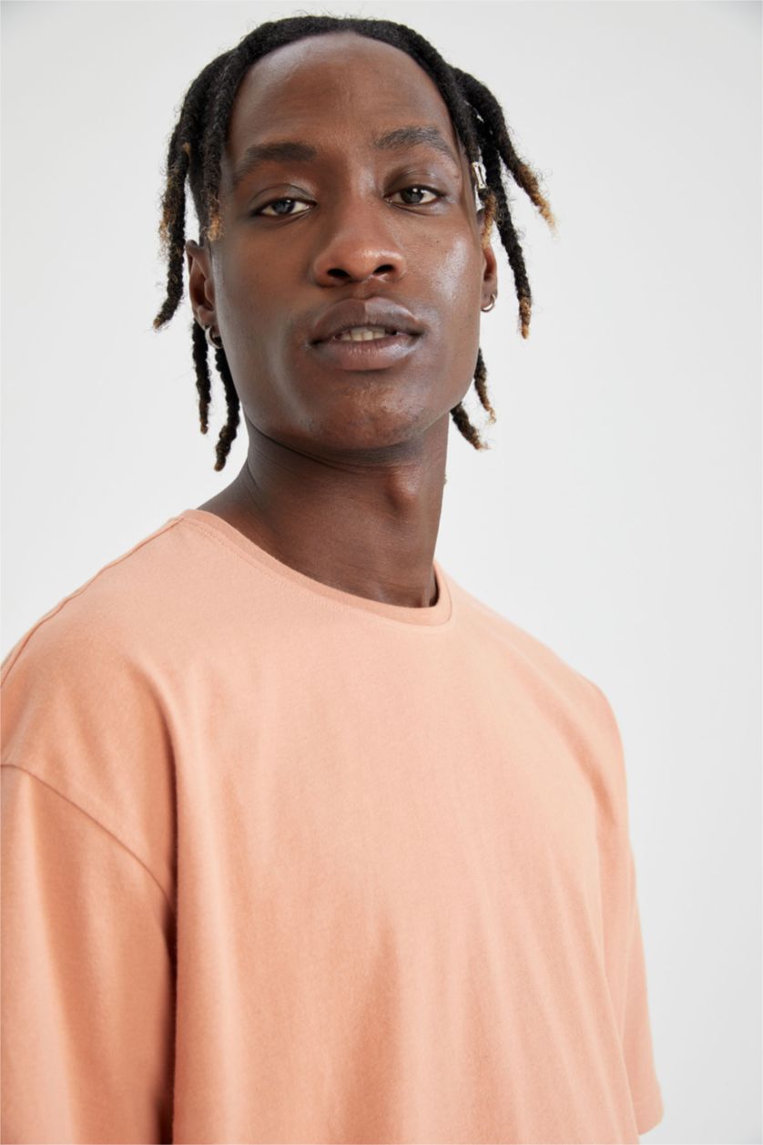 Erkek Gülkurusu Oversize Geniş Kalıp Bisiklet Yaka Basic Düz Kısa Kollu %100 Pamuk Tişört