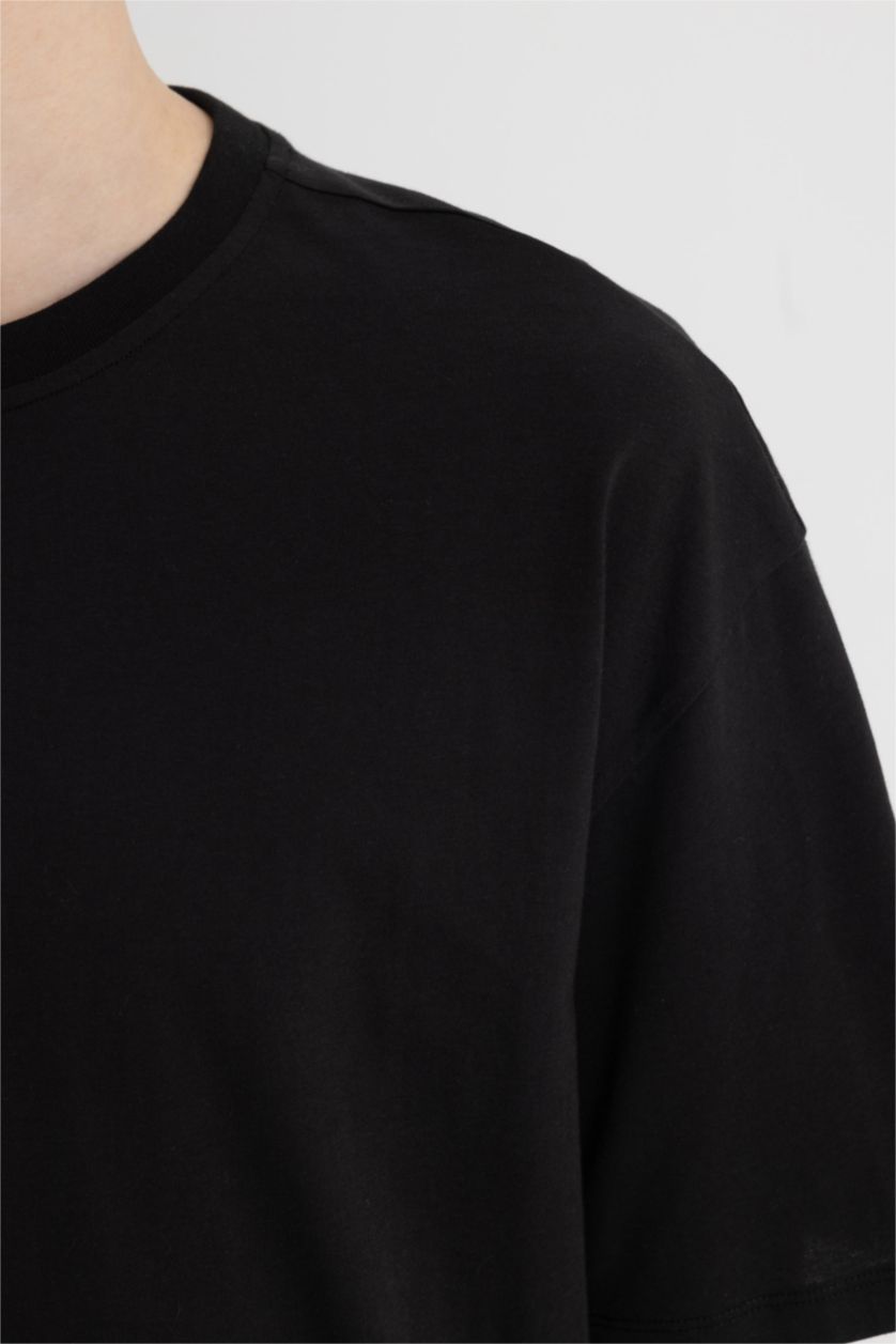 رجال أسود تي شيرت اوفر سايز قطن بياقة مستديرة