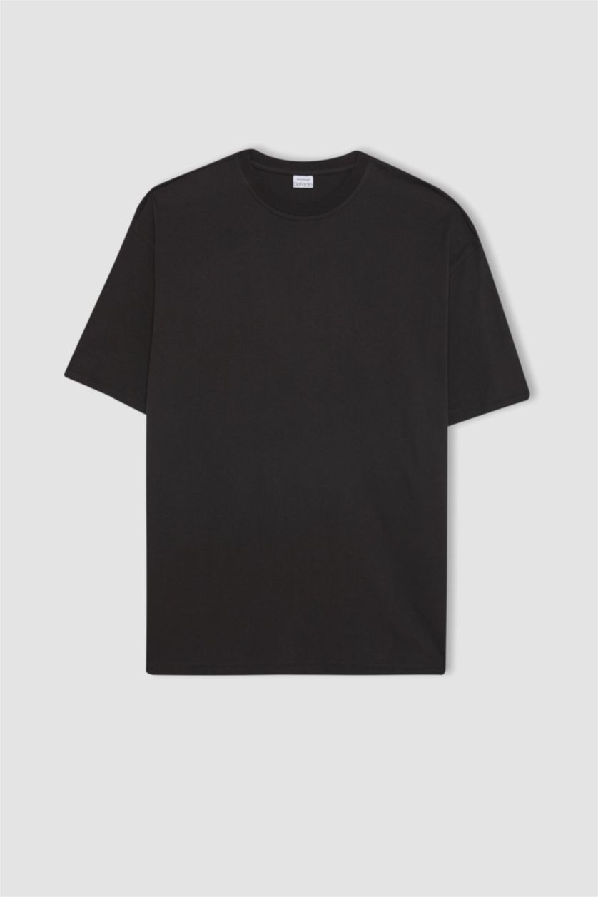 رجال أسود تي شيرت اوفر سايز قطن بياقة مستديرة