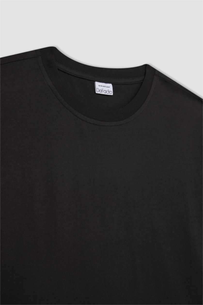 رجال أسود تي شيرت اوفر سايز قطن بياقة مستديرة