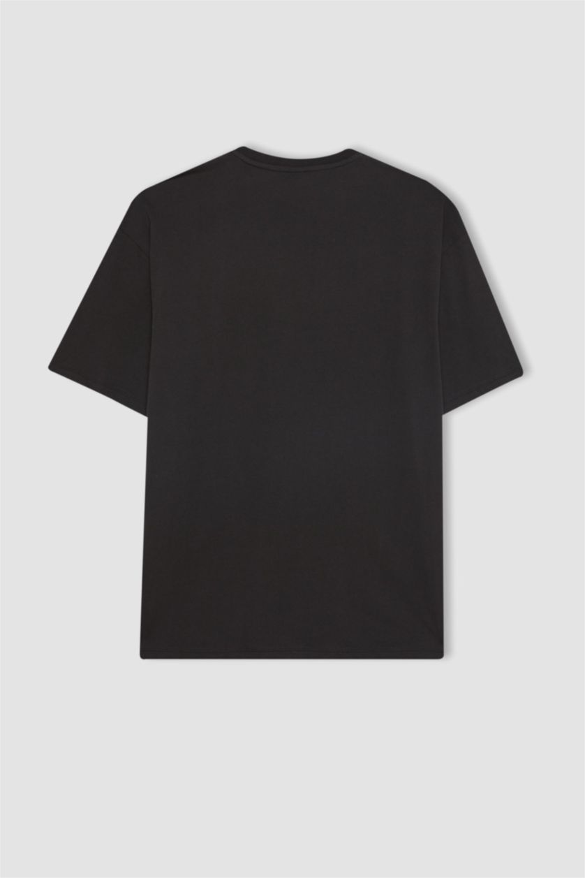 رجال أسود تي شيرت اوفر سايز قطن بياقة مستديرة