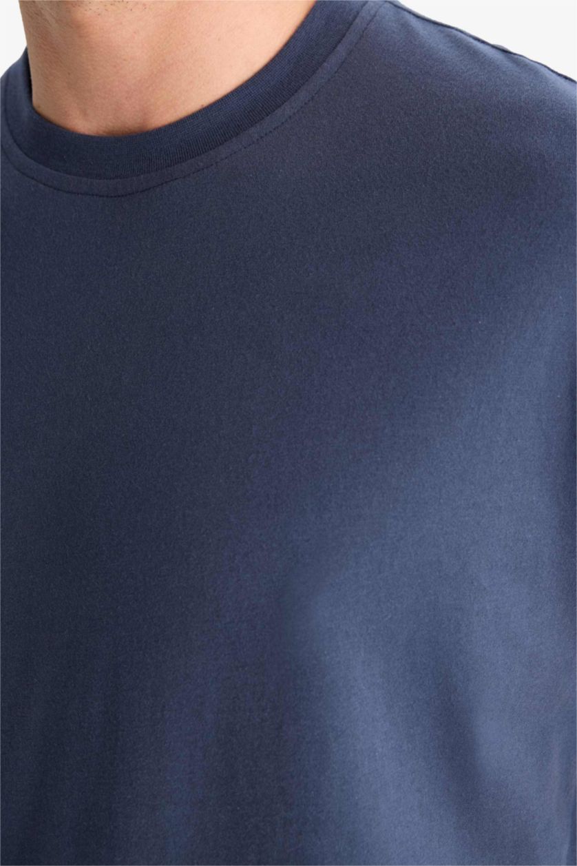 Erkek Açık İndigo %100 Pamuk Oversize Geniş Kalıp Bisiklet Yaka Basic Düz Kısa Kollu Tişört