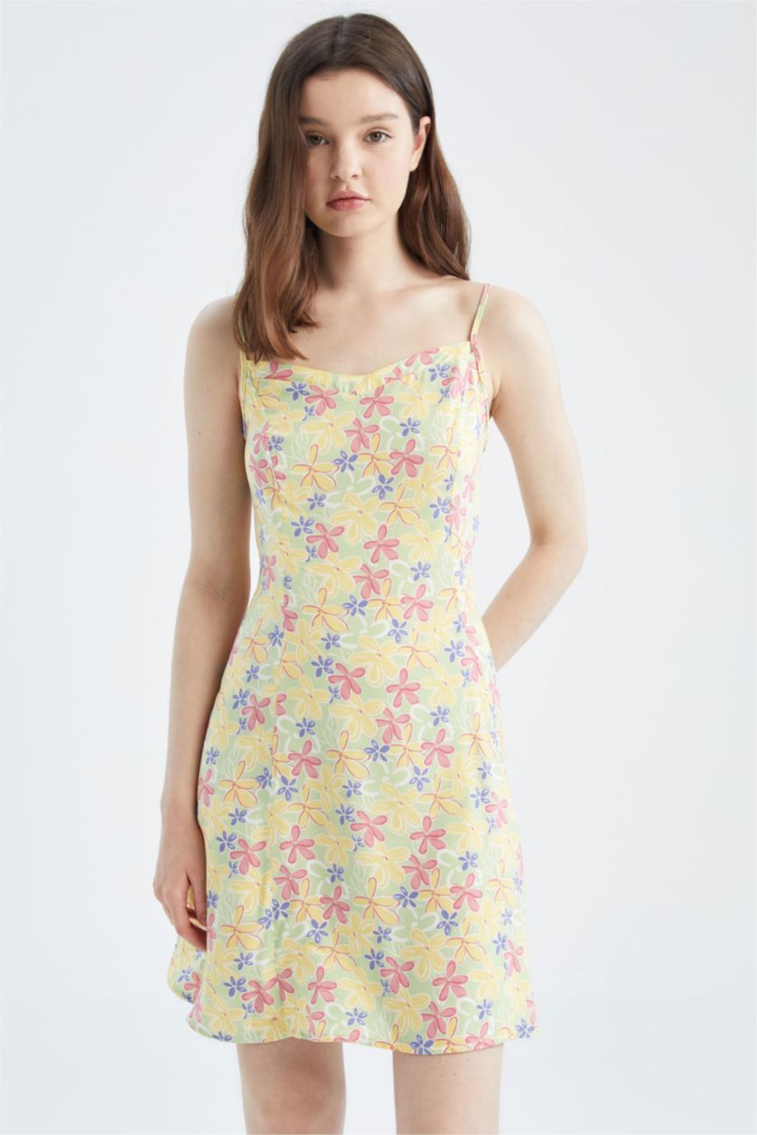 FEMME Vert Mini robe tissée à manches courtes imprimée à encolure en V