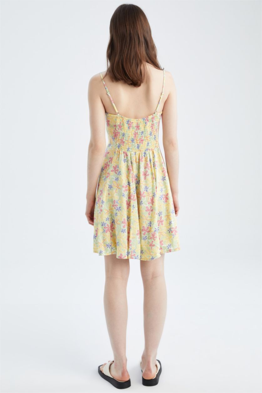 FEMME Vert Mini robe tissée à manches courtes imprimée à encolure en V