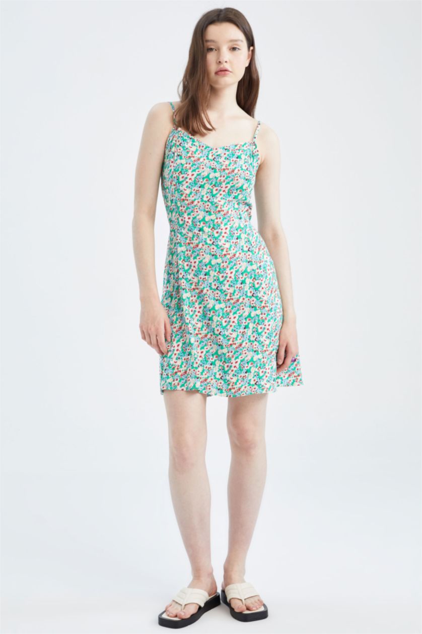 FEMME Vert Robe tissée à manches courtes imprimée à encolure en V