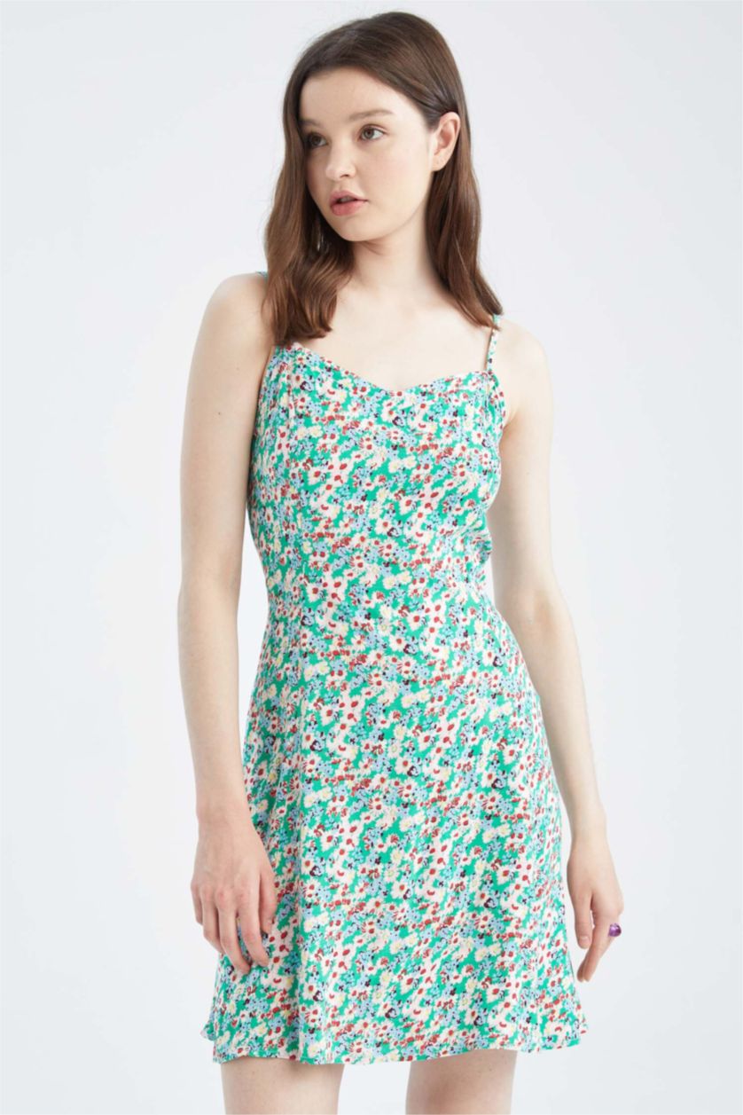 FEMME Vert Robe tissée à manches courtes imprimée à encolure en V