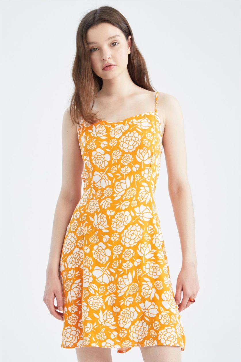 FEMME Orange Mini-robe tissée à manches courtes imprimée à col en V et coupe A
