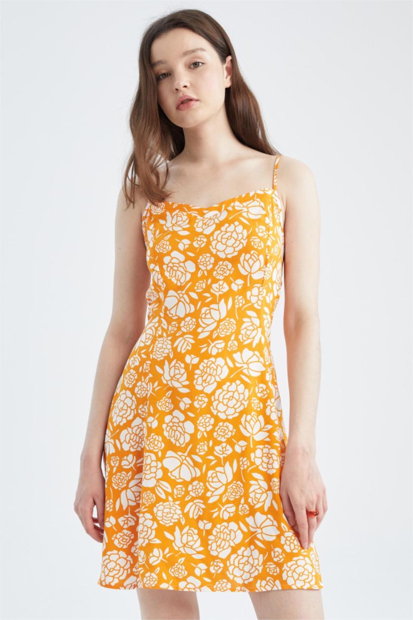 FEMME Orange Mini-robe tissée à manches courtes imprimée à col en V et coupe A