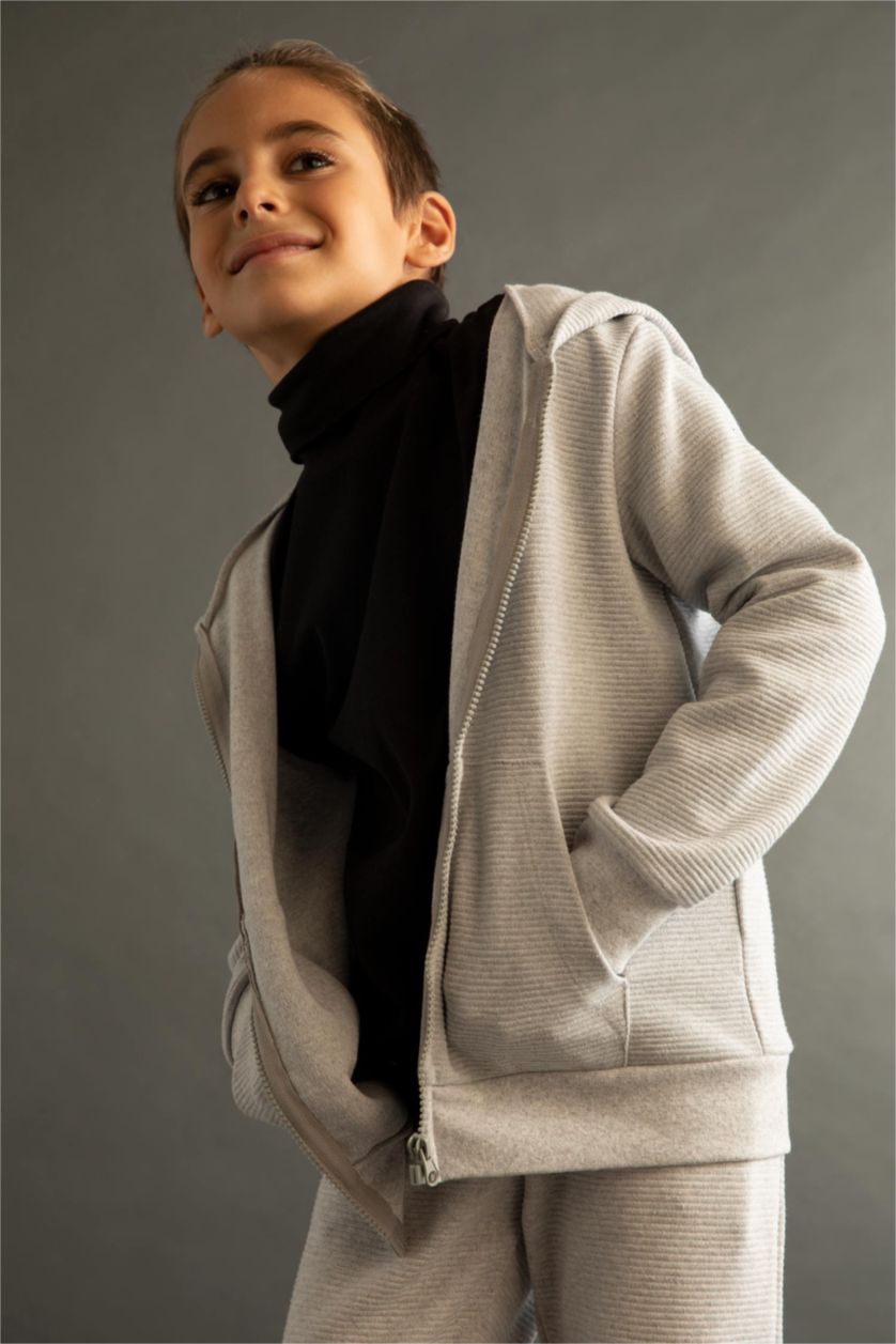 Erkek Çocuk - Genç Erkek Optik Gri Melanj Erkek Çocuk Gri Kapüşonlu Okul Hırkası