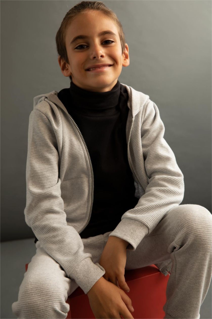 Erkek Çocuk - Genç Erkek Optik Gri Melanj Erkek Çocuk Gri Kapüşonlu Okul Hırkası