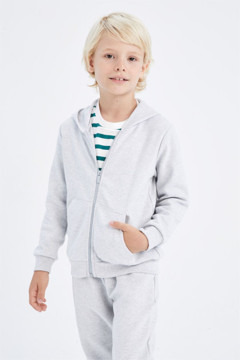 Erkek Çocuk - Genç Erkek Optik Gri Melanj Erkek Çocuk Gri Kapüşonlu Okul Hırkası