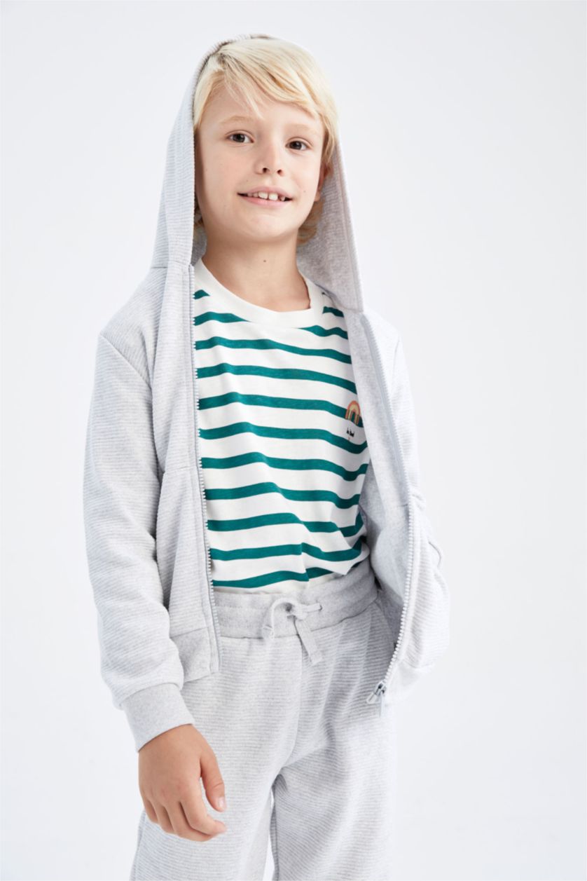 Erkek Çocuk - Genç Erkek Optik Gri Melanj Erkek Çocuk Gri Kapüşonlu Okul Hırkası
