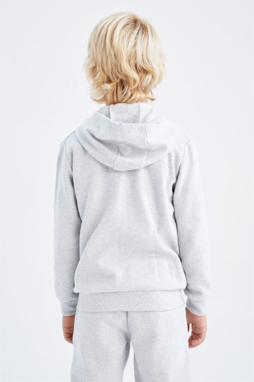 Erkek Çocuk - Genç Erkek Optik Gri Melanj Erkek Çocuk Gri Kapüşonlu Okul Hırkası