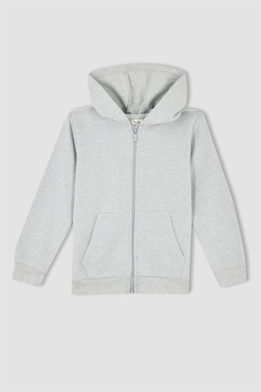 Erkek Çocuk - Genç Erkek Optik Gri Melanj Erkek Çocuk Gri Kapüşonlu Okul Hırkası