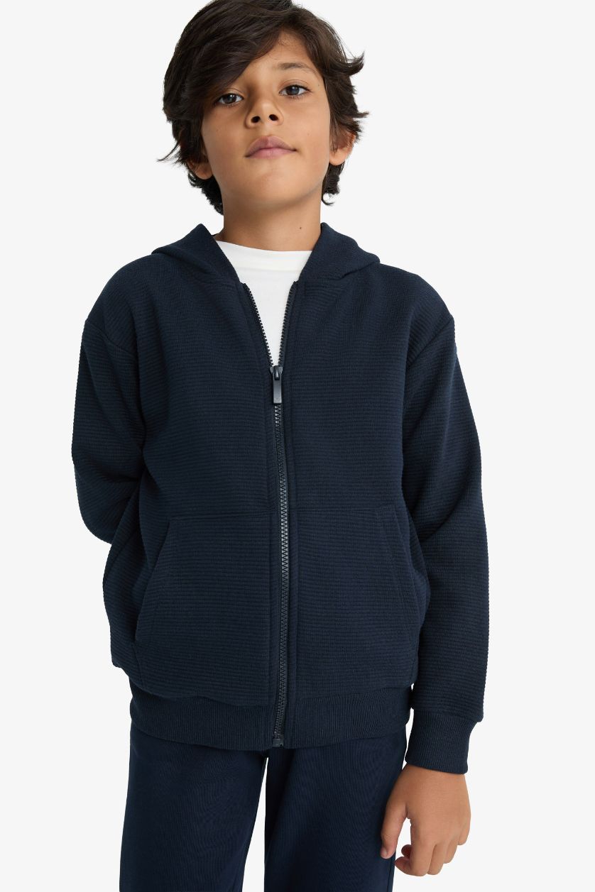 Erkek Çocuk - Genç Erkek Lacivert Kapüşonlu Okul Fermuarlı Sweatshirt Erkek Çocuk