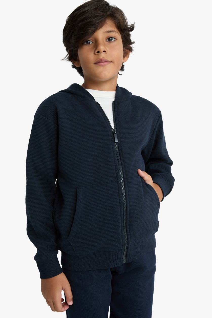 Erkek Çocuk - Genç Erkek Lacivert Kapüşonlu Okul Fermuarlı Sweatshirt Erkek Çocuk