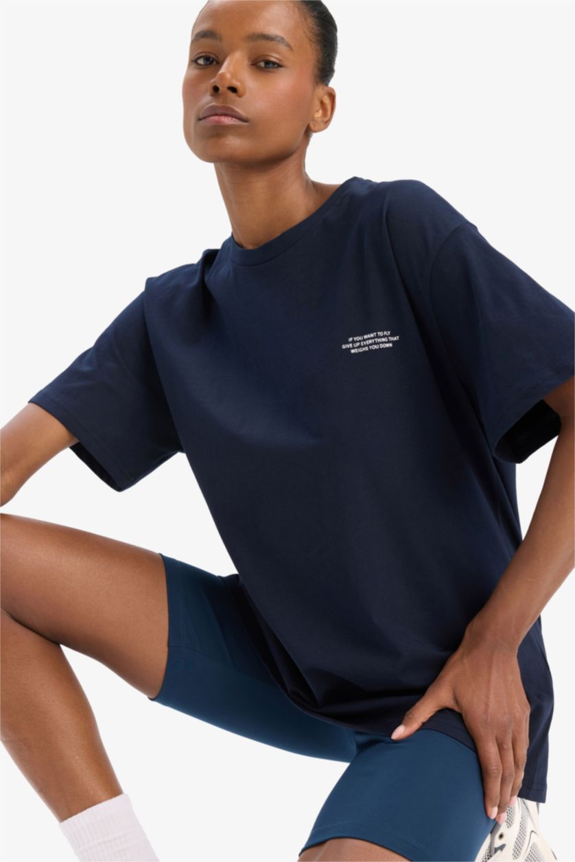 Kadın Lacivert Oversize Geniş Kalıp Bisiklet Yaka Kısa Kollu Tişört