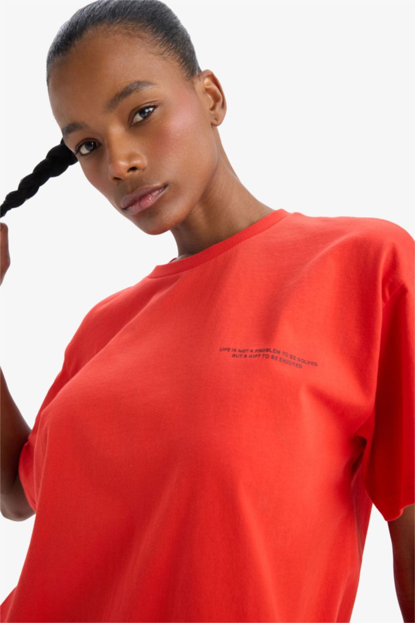 Woman Red DeFactoFit Oversize Fit Crew Neck T-Shirt