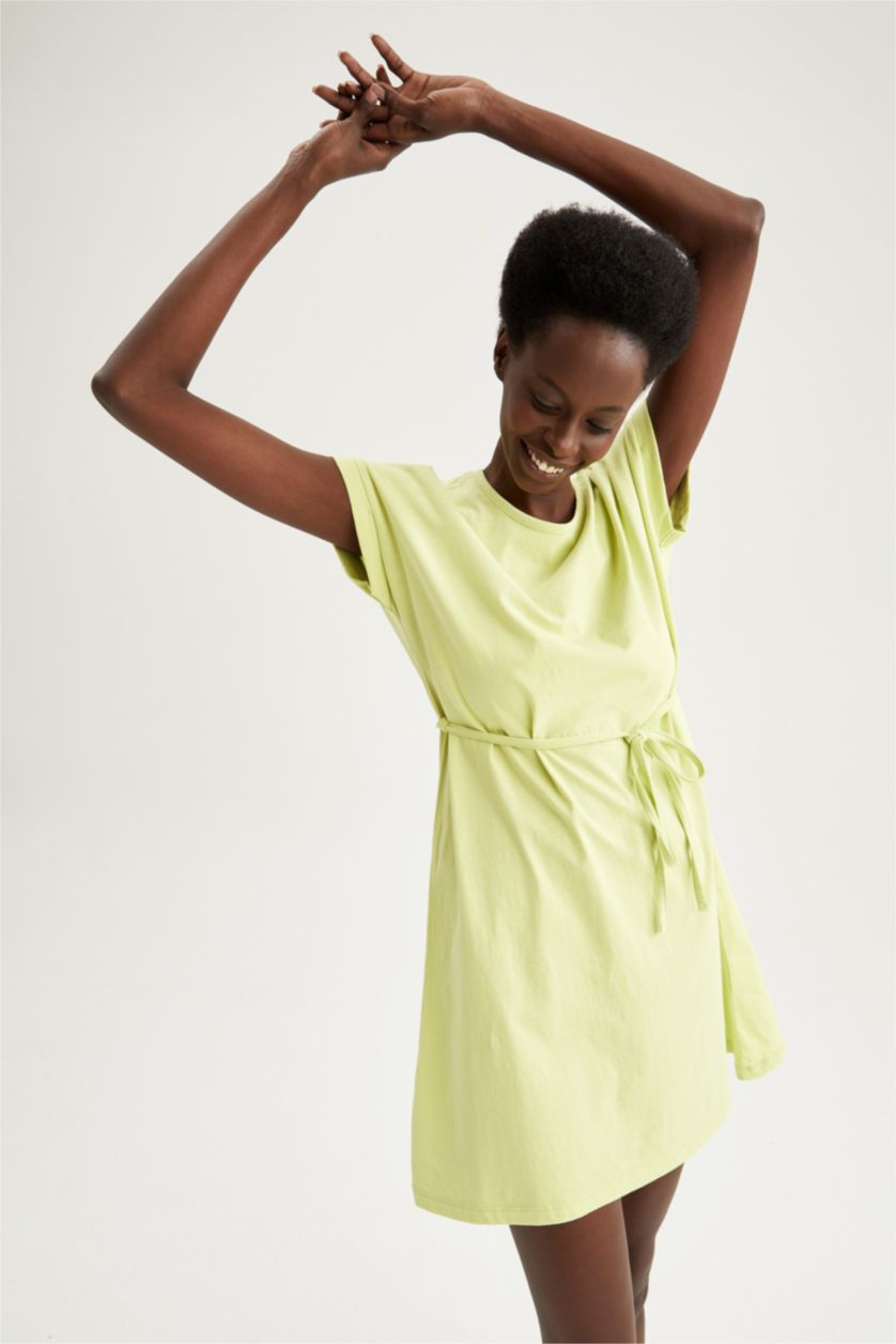 نساء أخضر فاتح فستان صيفي قصير الأكمام بيزك بخصر برباط