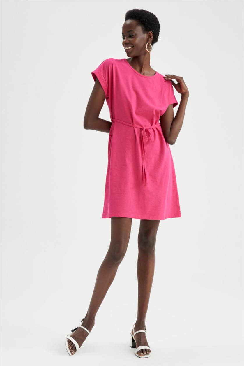 FEMME Rose Foncé Mini robe d'été basique à taille nouée à manches courtes