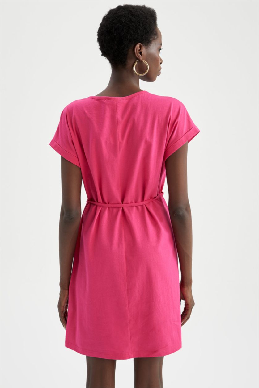 FEMME Rose Foncé Mini robe d'été basique à taille nouée à manches courtes
